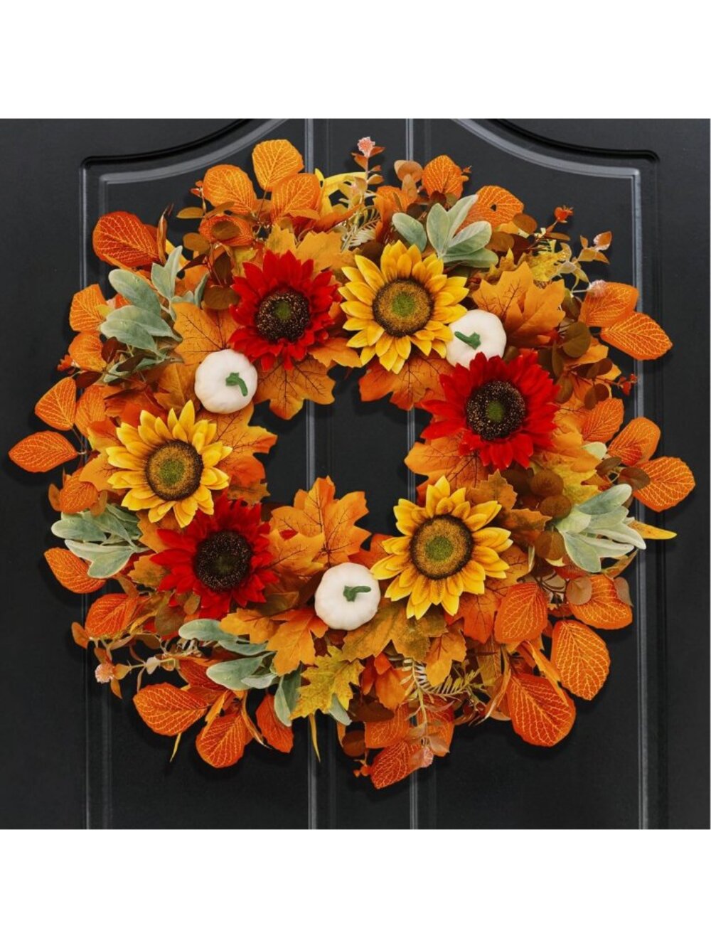 Large 26 Inch Fall Wreath for Front Door - Realistic Maple Leaves, Sunflowers